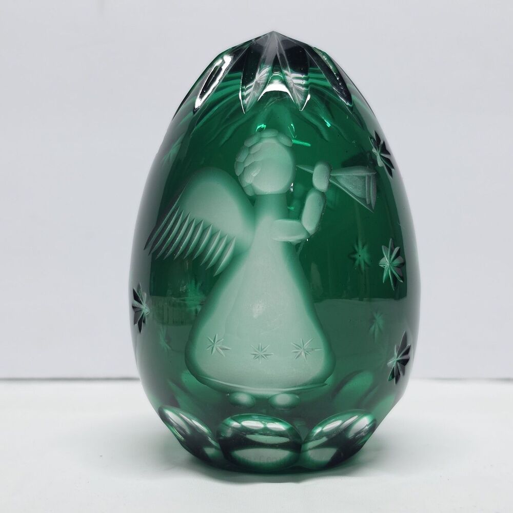 Vintage Godinger Crystal Legends Green Cut Glass Christmas Angel Egg Paperweight